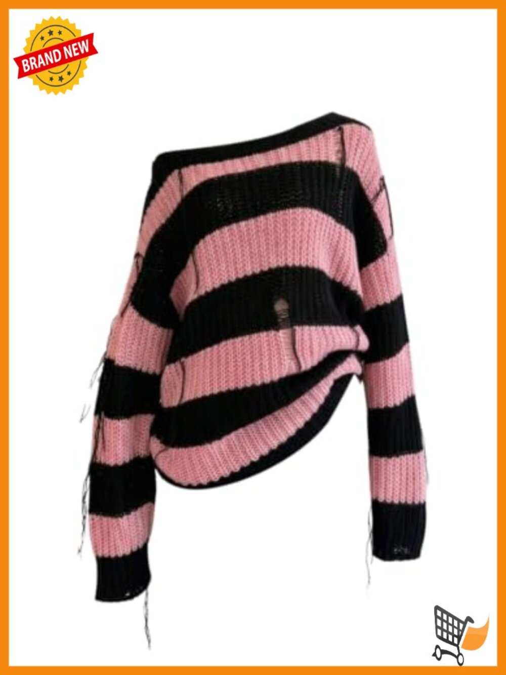 Striped Ripped Off Shoulder Knit Pullover Sweater Long Sleeve Casual Grunge